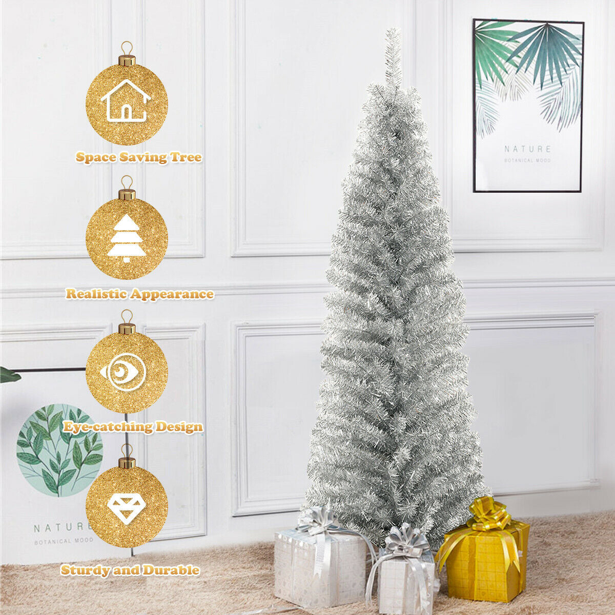 6 Feet Tinsel Tree Unlit Slim Pencil Christmas Tree-Silver