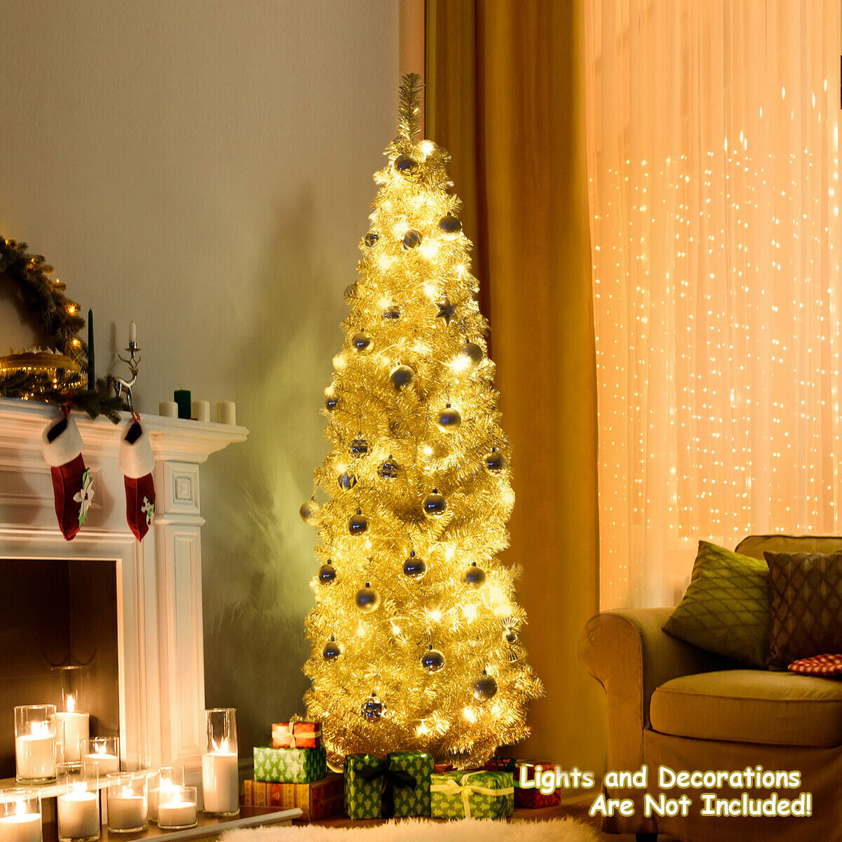 6 Feet Tinsel Tree Unlit Slim Pencil Christmas Tree-Champagne