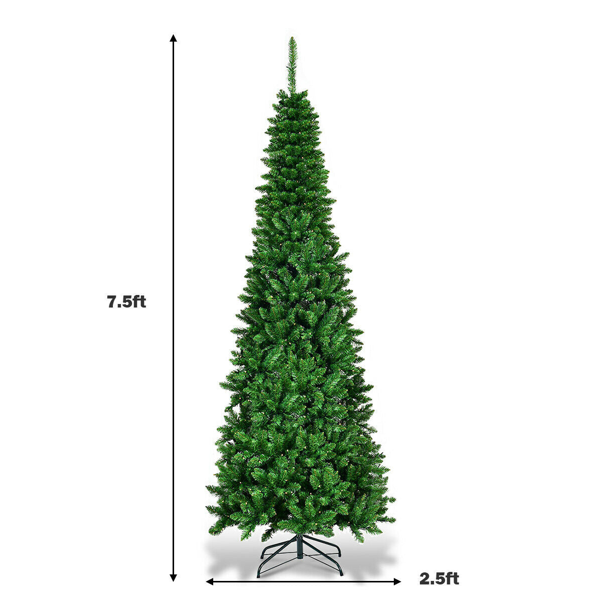 6.5' / 7.5' Pre-Lit Hinged Artificial Pencil Christmas Tree-7.5 ft