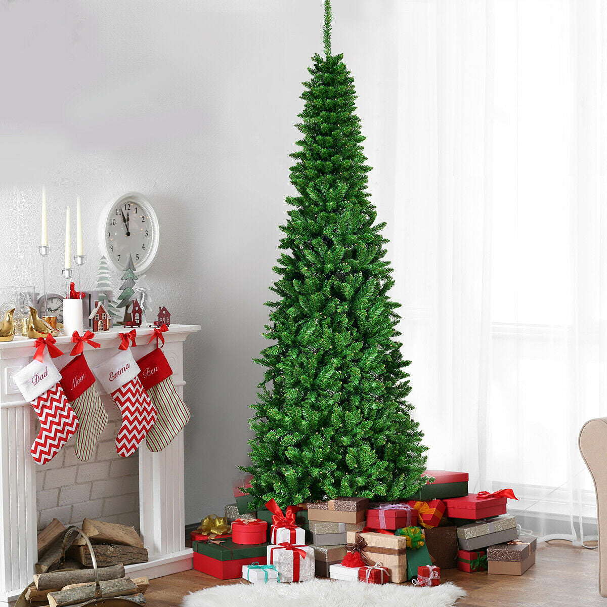 6.5' / 7.5' Pre-Lit Hinged Artificial Pencil Christmas Tree-7.5 ft