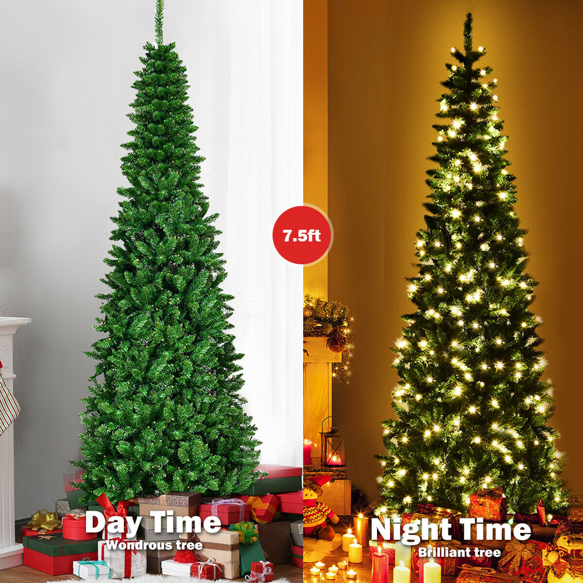 6.5' / 7.5' Pre-Lit Hinged Artificial Pencil Christmas Tree-7.5 ft