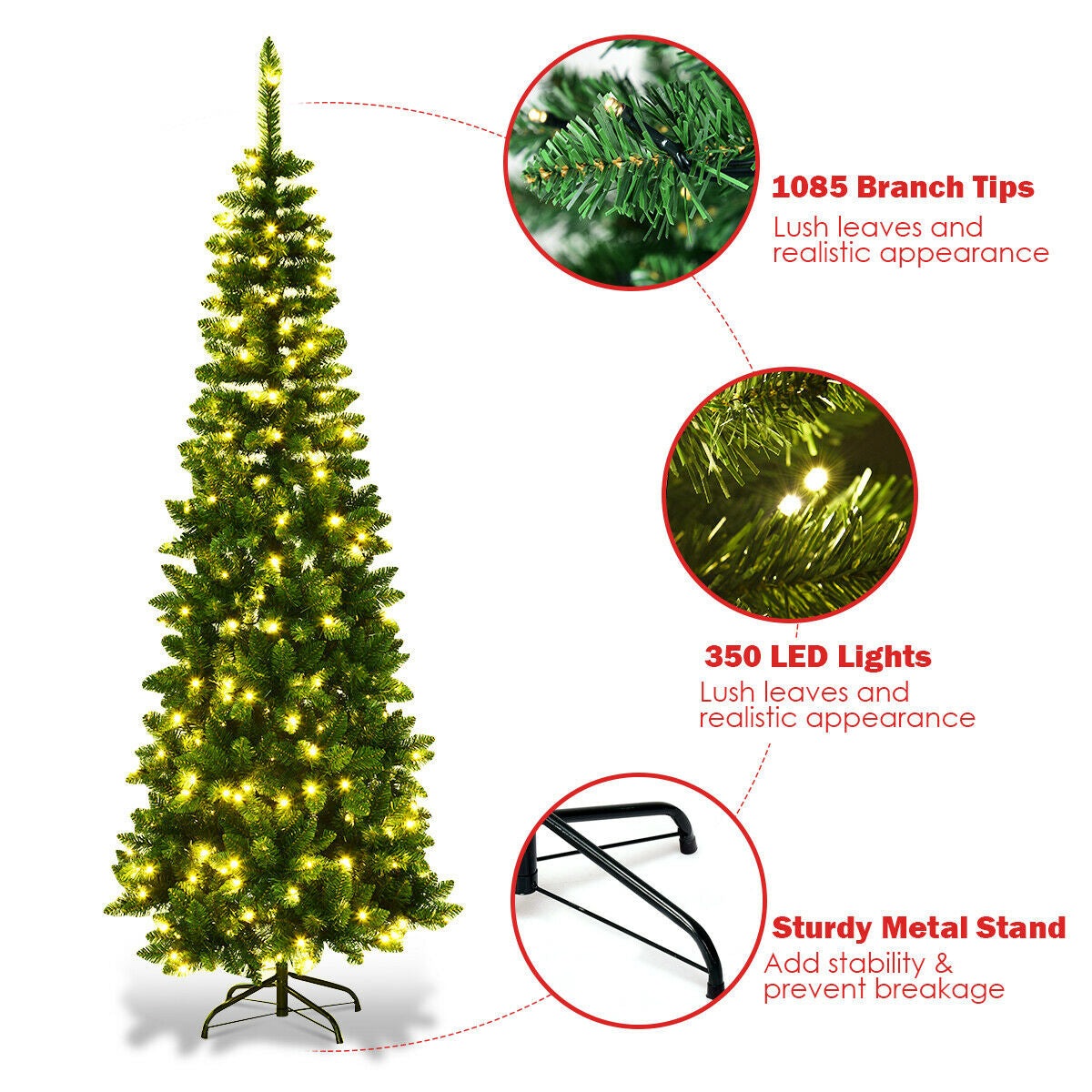 6.5' / 7.5' Pre-Lit Hinged Artificial Pencil Christmas Tree-7.5 ft