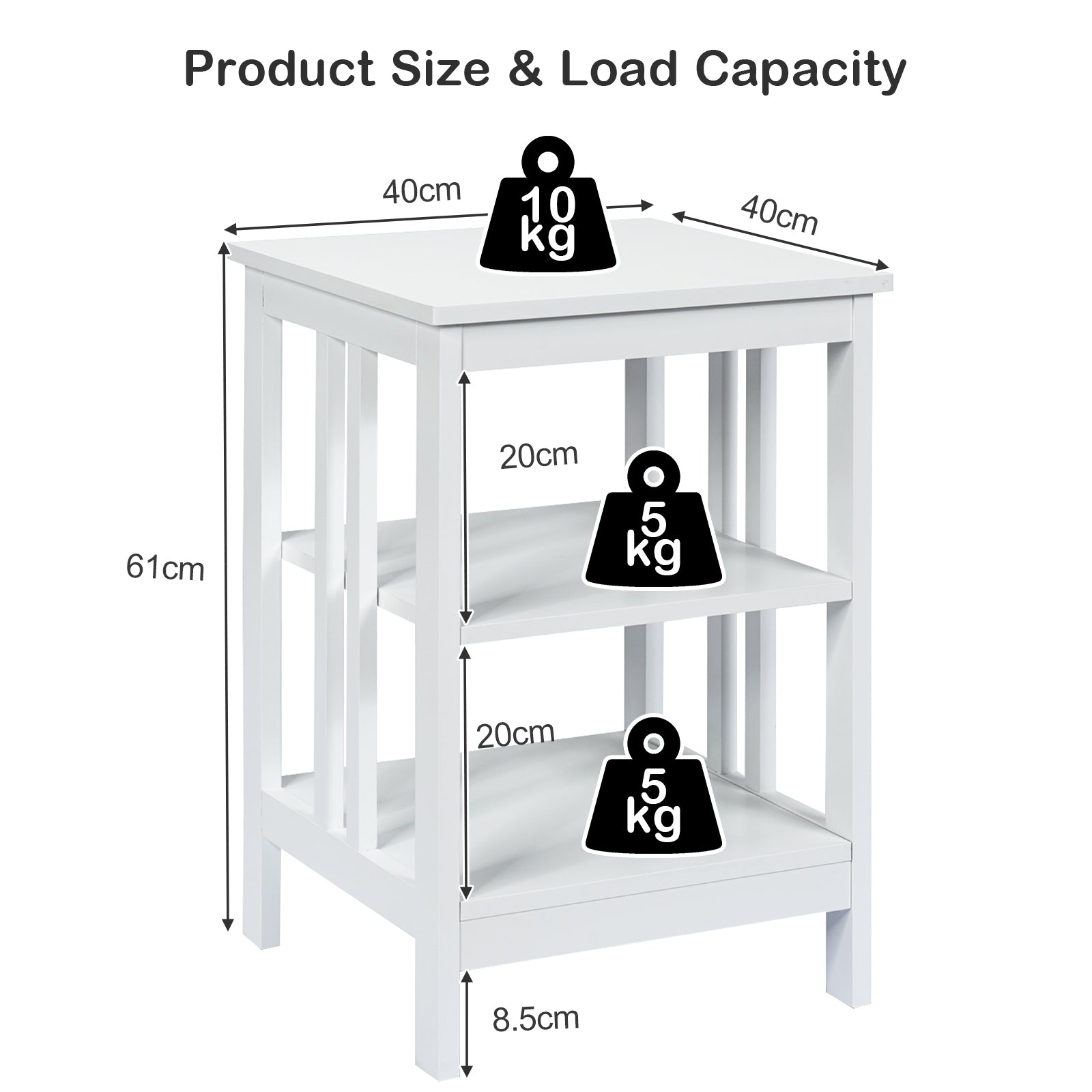 3-tier Side Table Nightstand with Stable Structure-White