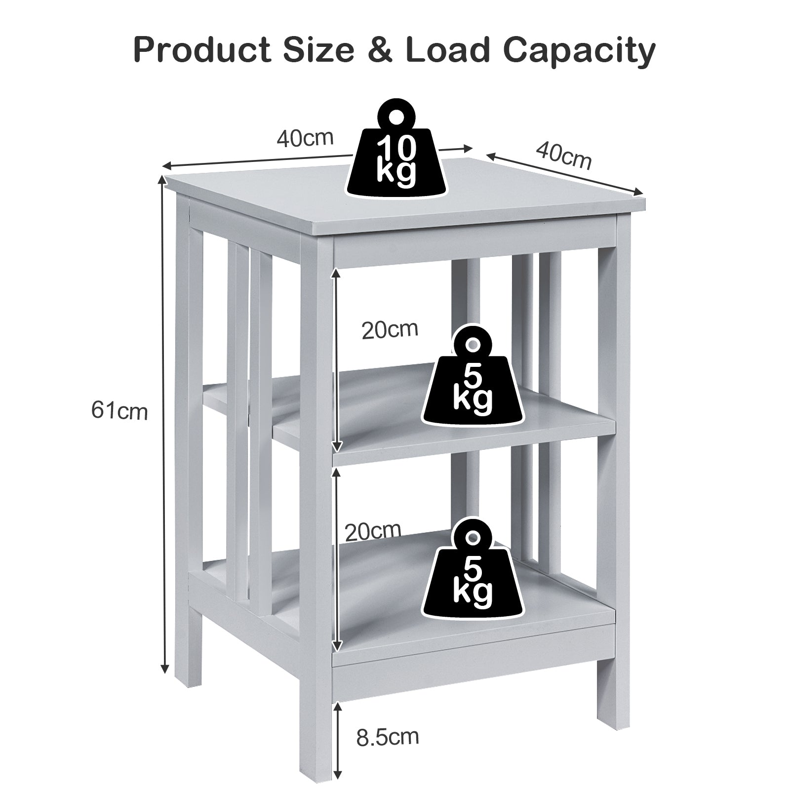 3-tier Side Table Nightstand with Stable Structure-Gray