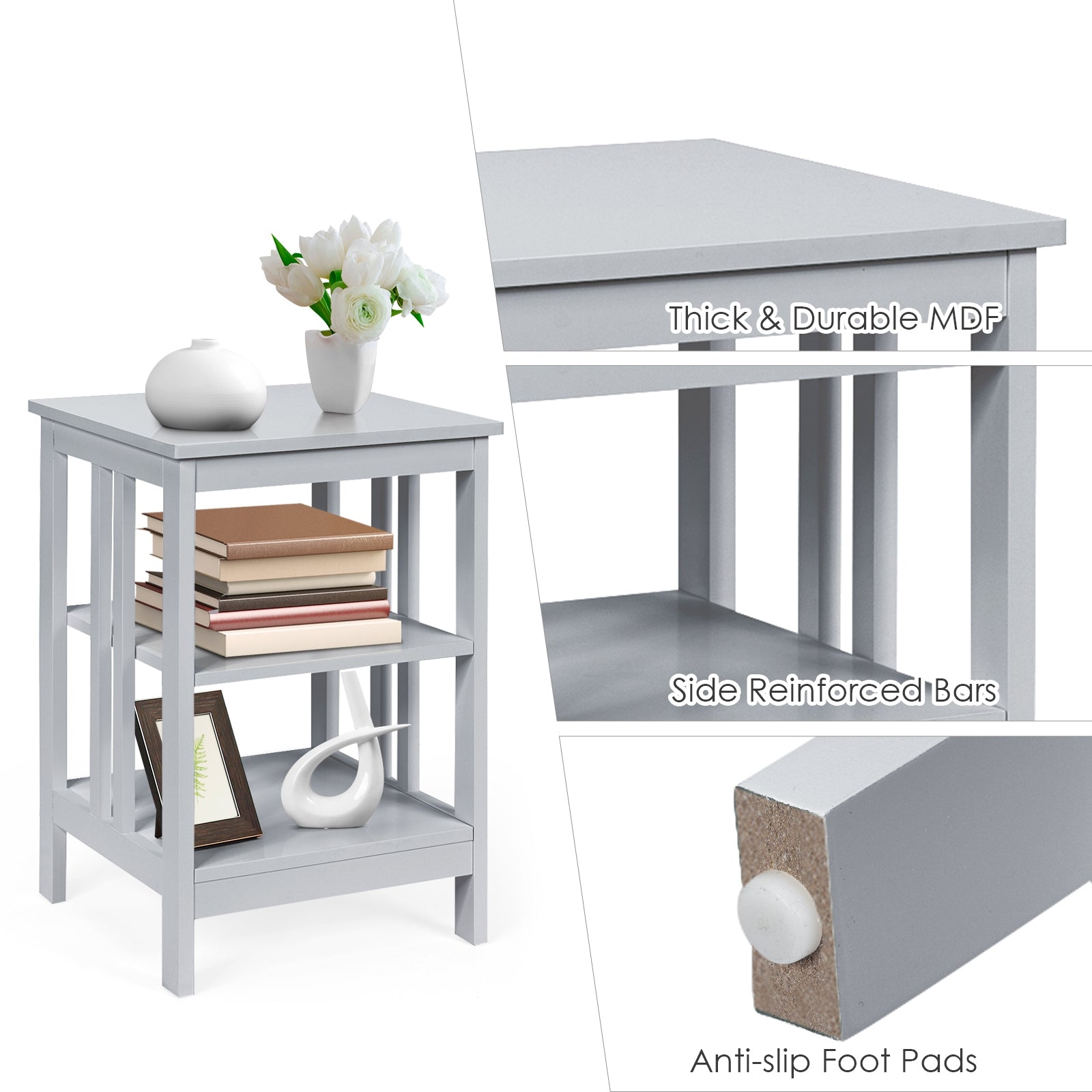 3-tier Side Table Nightstand with Stable Structure-Gray