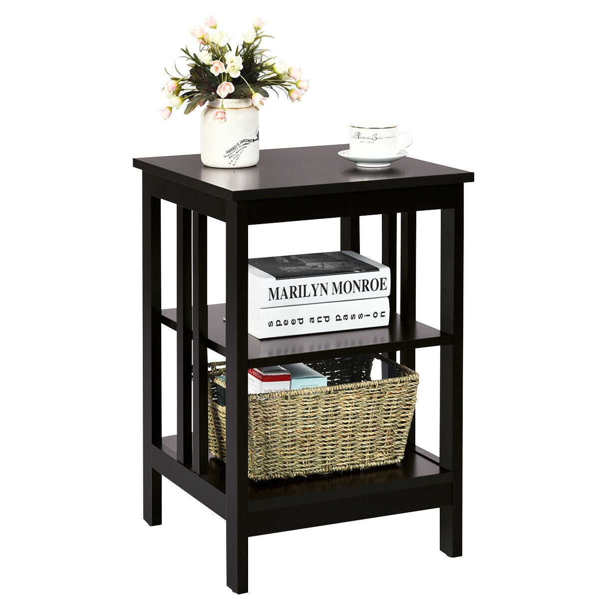 3-tier Side Table Nightstand with Stable Structure-Dark Brown