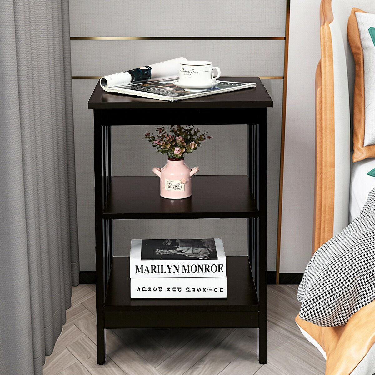 3-tier Side Table Nightstand with Stable Structure-Dark Brown