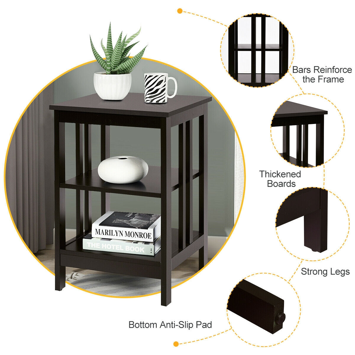 3-tier Side Table Nightstand with Stable Structure-Dark Brown