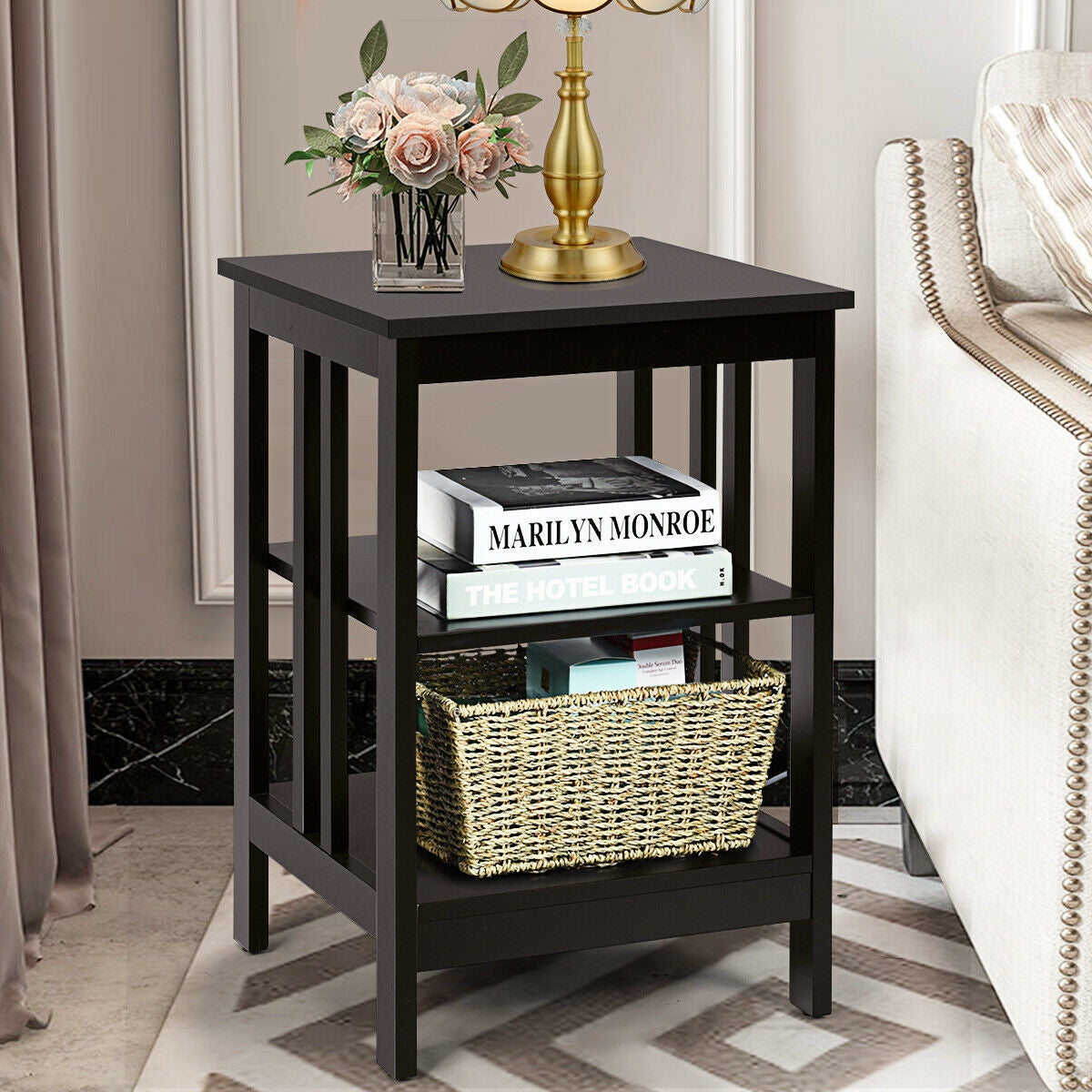 3-tier Side Table Nightstand with Stable Structure-Dark Brown