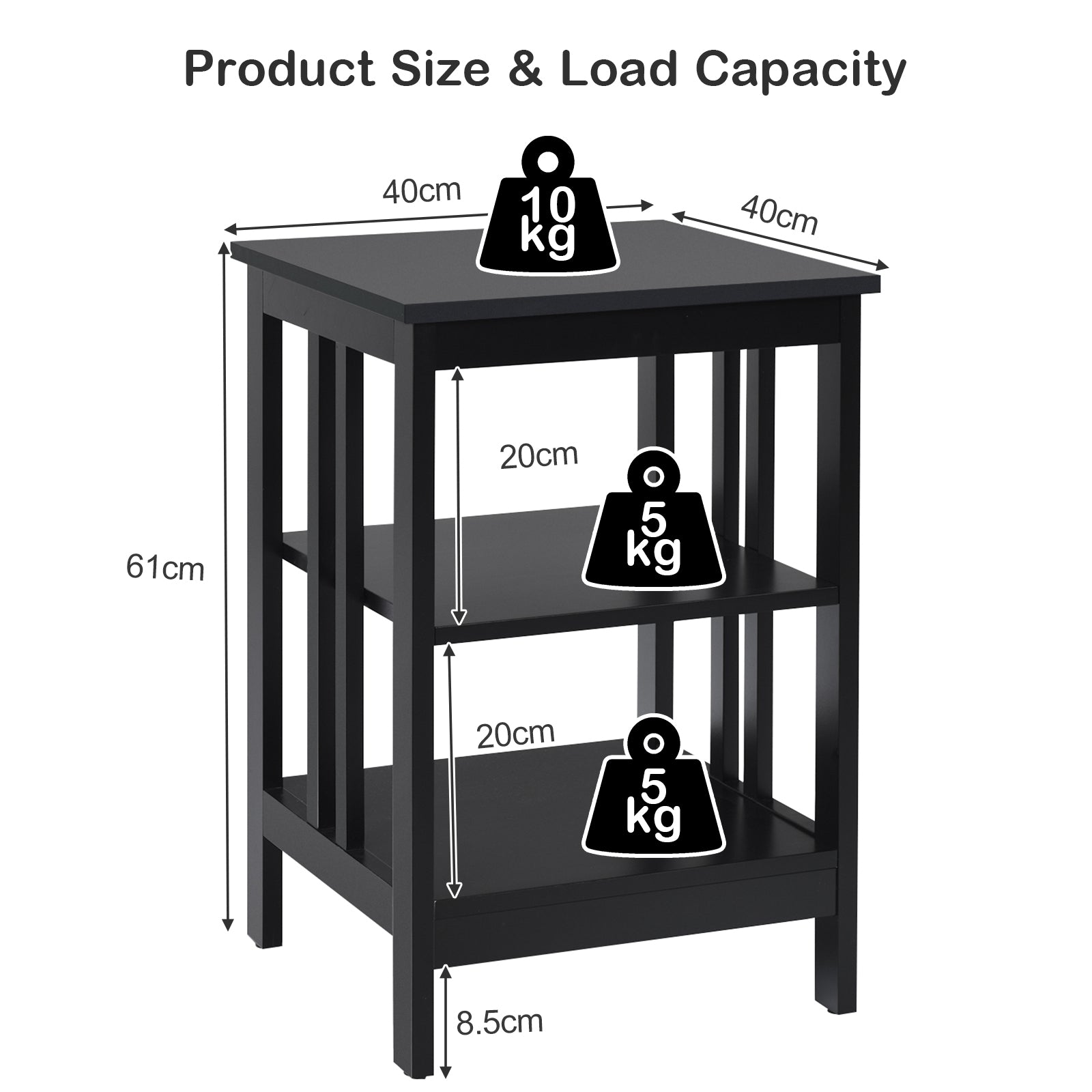 3-tier Side Table Nightstand with Stable Structure-Black