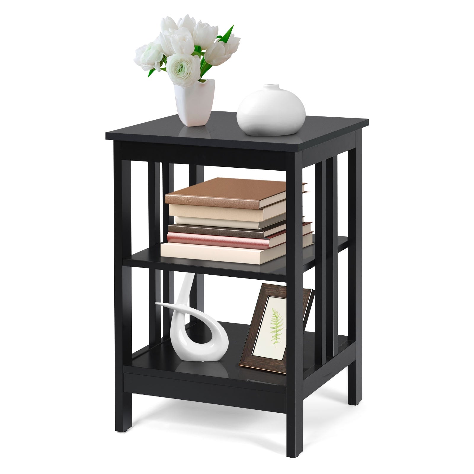 3-tier Side Table Nightstand with Stable Structure-Black