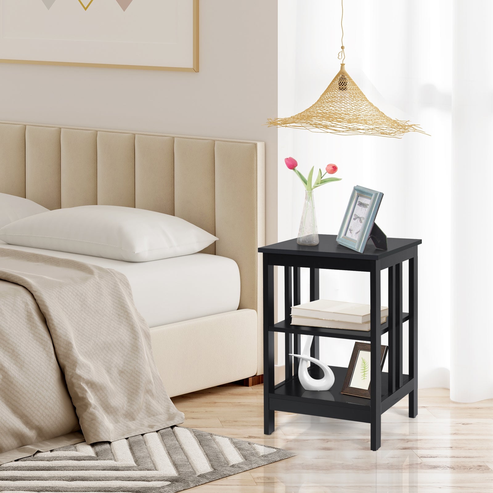 3-tier Side Table Nightstand with Stable Structure-Black