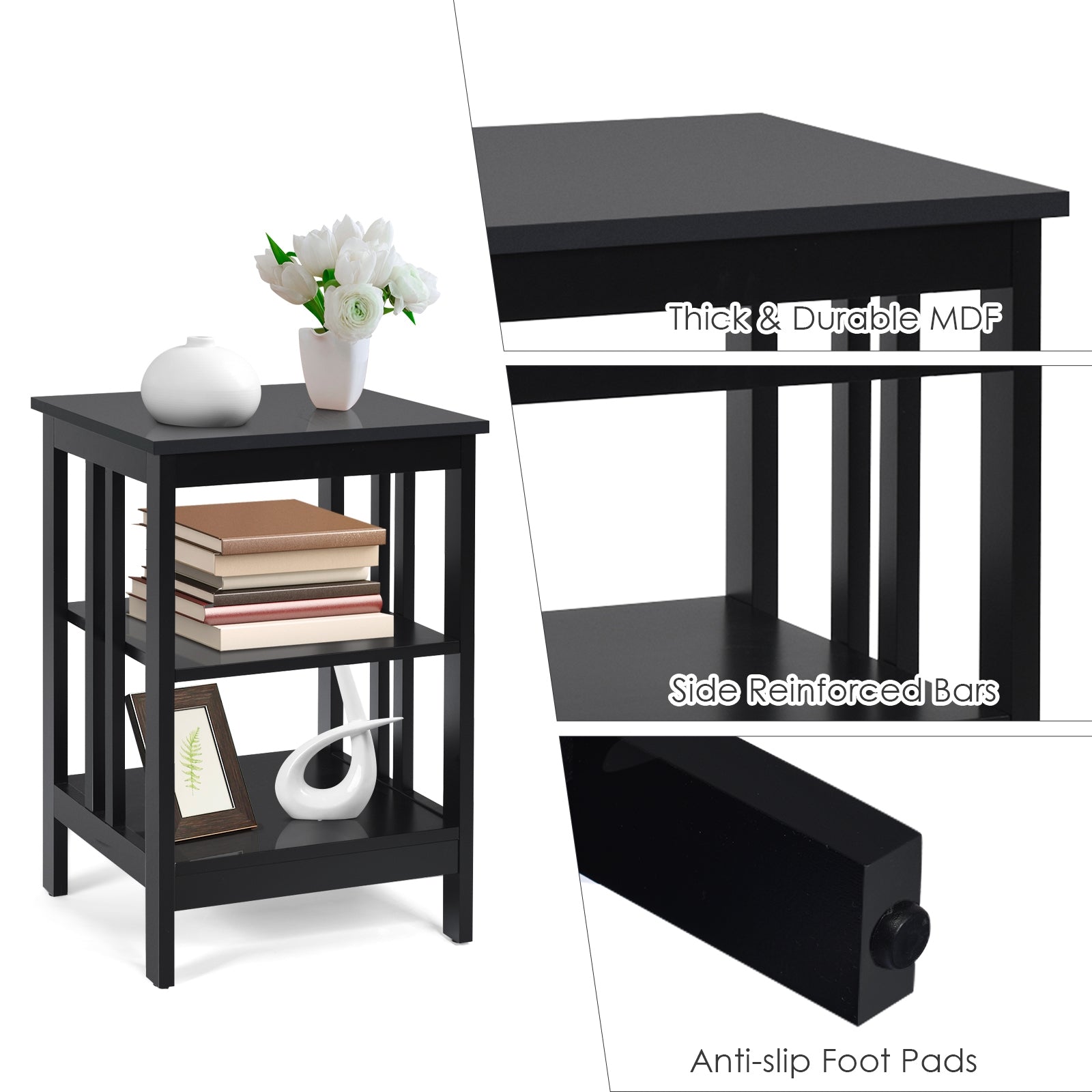 3-tier Side Table Nightstand with Stable Structure-Black