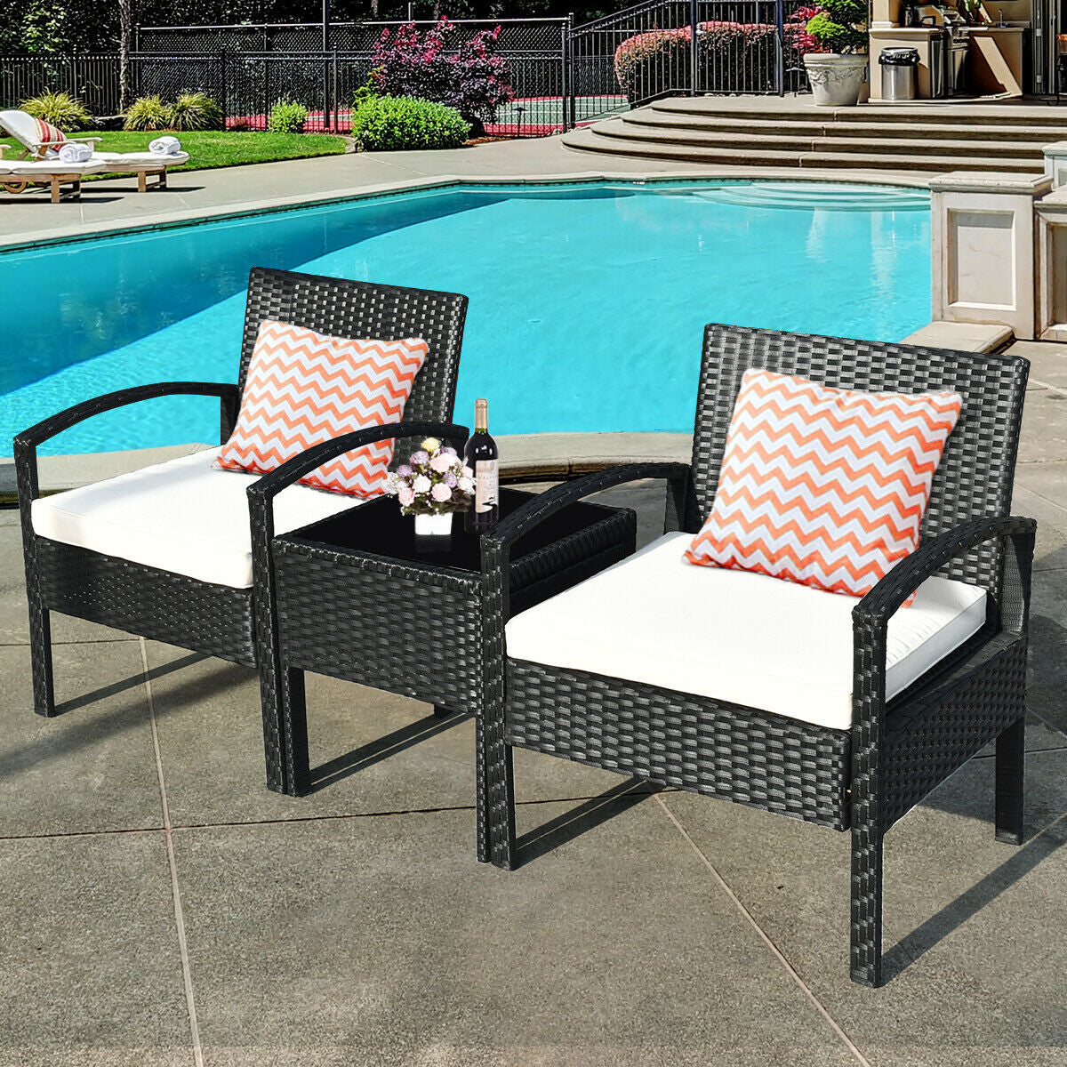 3 Piece Patio Rattan Furniture Set Sofa Cushioned Table Garden