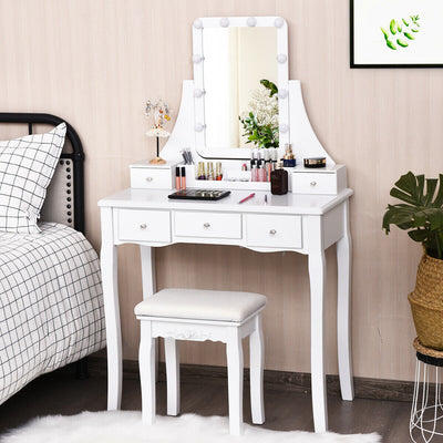 10 Dimmable Light Bulbs Vanity Dressing Table with 2 Dividers and Cushioned Stool-WhiteÂ 