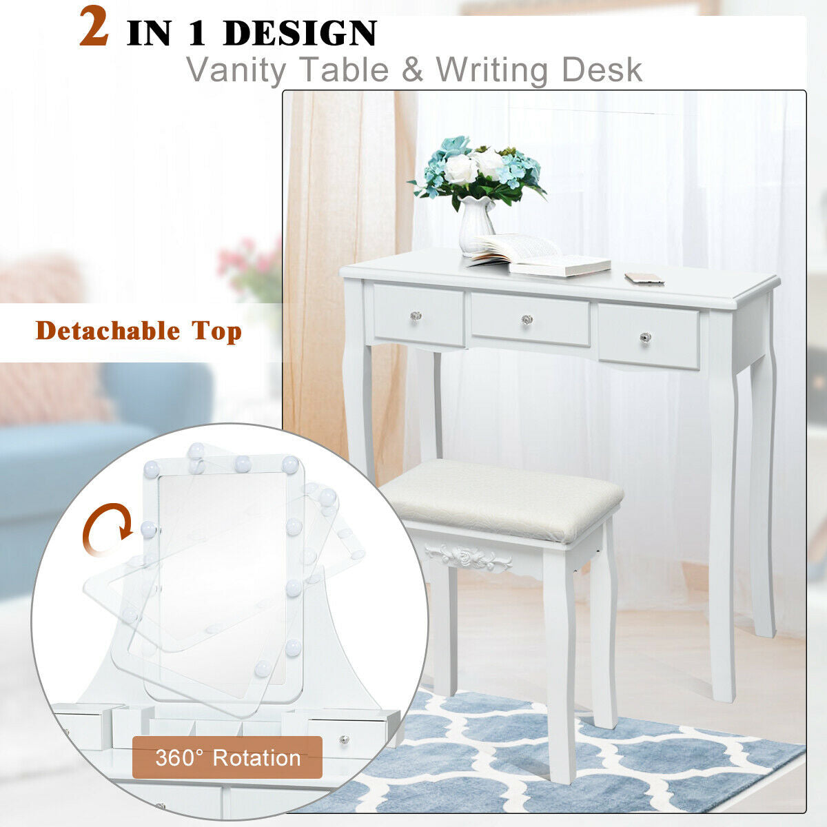 10 Dimmable Light Bulbs Vanity Dressing Table with 2 Dividers and Cushioned Stool-White