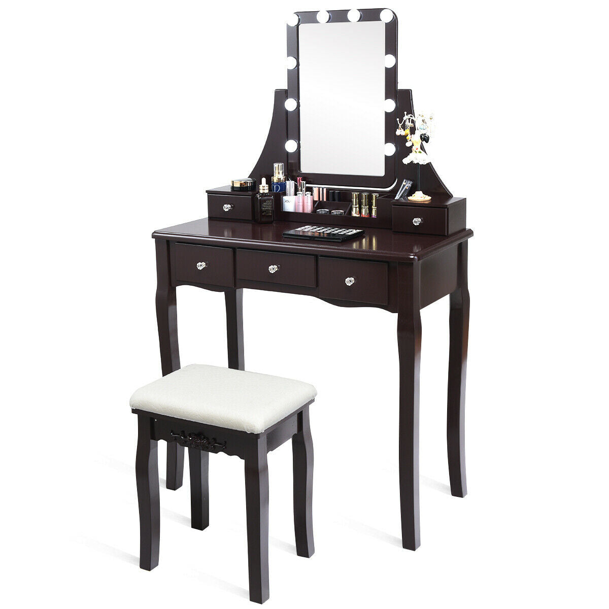 10 Dimmable Light Bulbs Vanity Dressing Table with 2 Dividers and Cushioned Stool-Brown