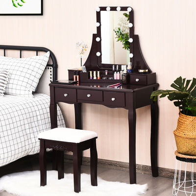 10 Dimmable Light Bulbs Vanity Dressing Table with 2 Dividers and Cushioned Stool-BrownÂ 