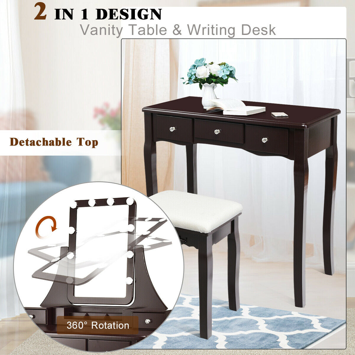 10 Dimmable Light Bulbs Vanity Dressing Table with 2 Dividers and Cushioned Stool-Brown