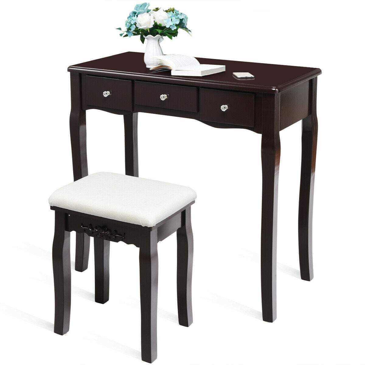 10 Dimmable Light Bulbs Vanity Dressing Table with 2 Dividers and Cushioned Stool-Brown