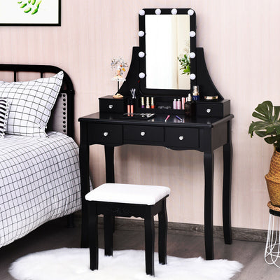 10 Dimmable Light Bulbs Vanity Dressing Table with 2 Dividers and Cushioned Stool-BlackÂ 