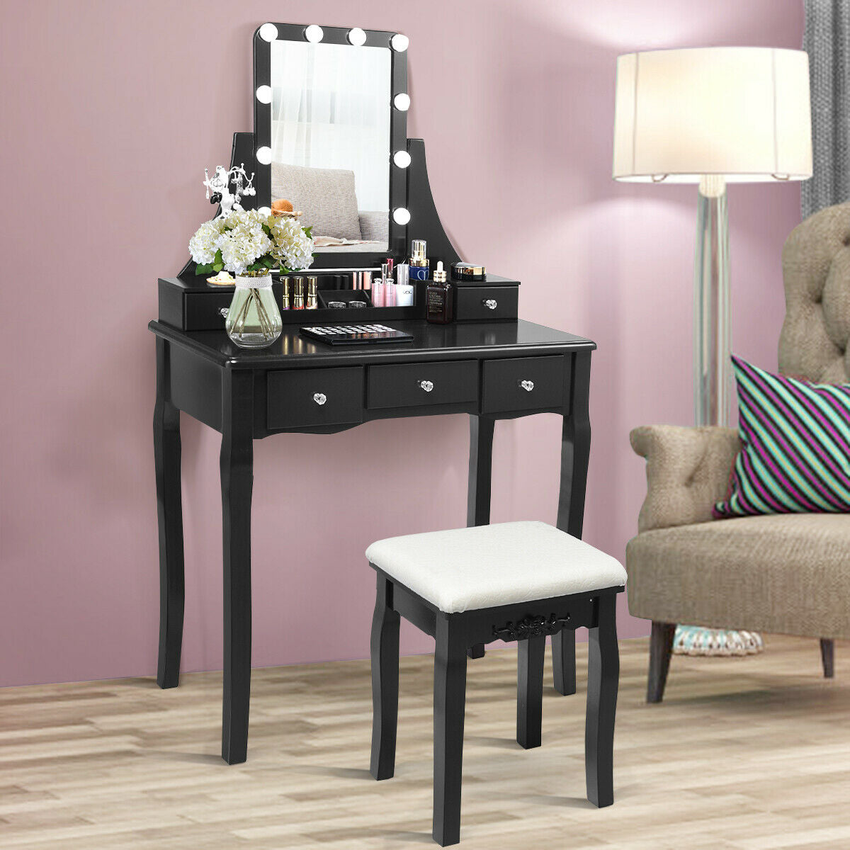 10 Dimmable Light Bulbs Vanity Dressing Table with 2 Dividers and Cushioned Stool-Black