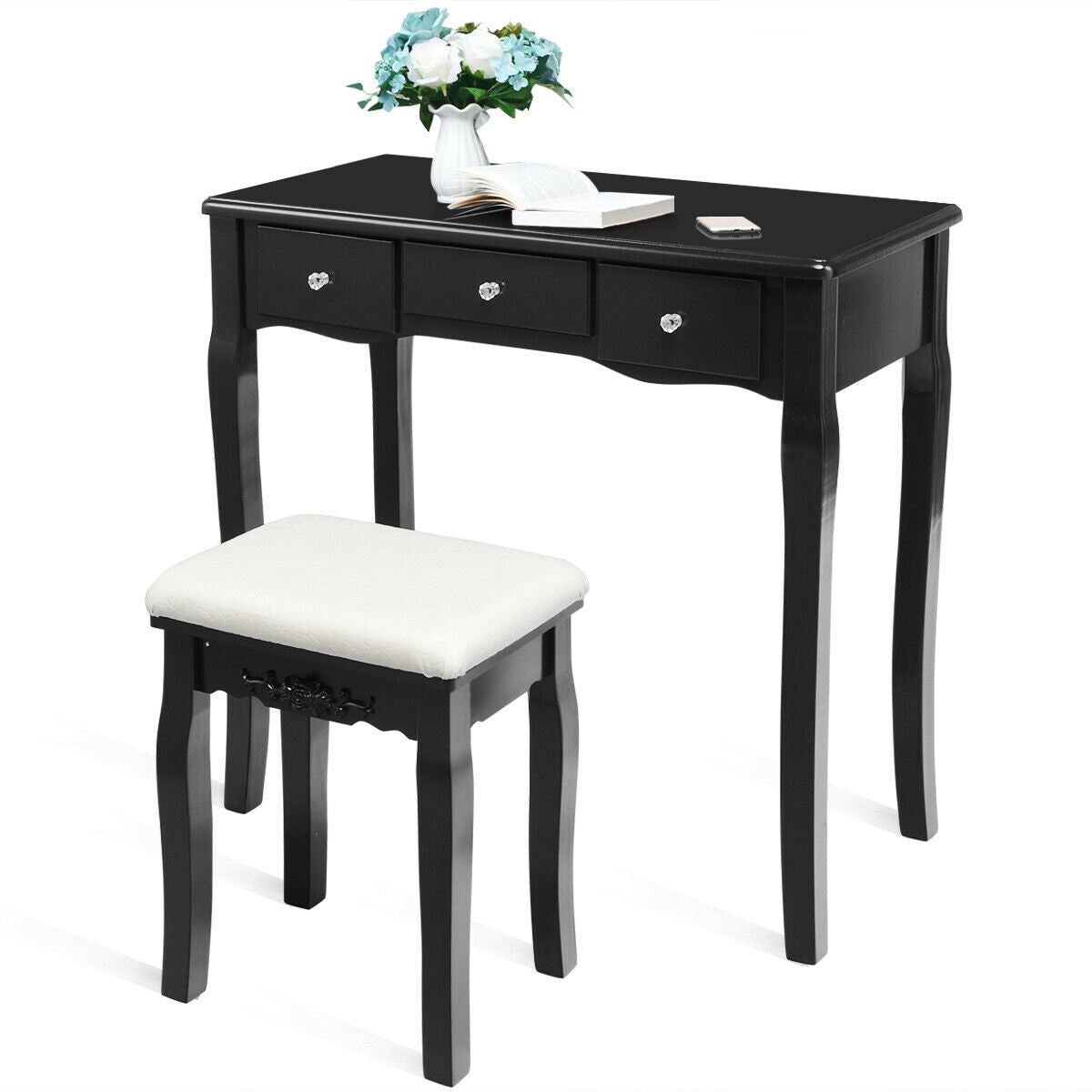 10 Dimmable Light Bulbs Vanity Dressing Table with 2 Dividers and Cushioned Stool-Black