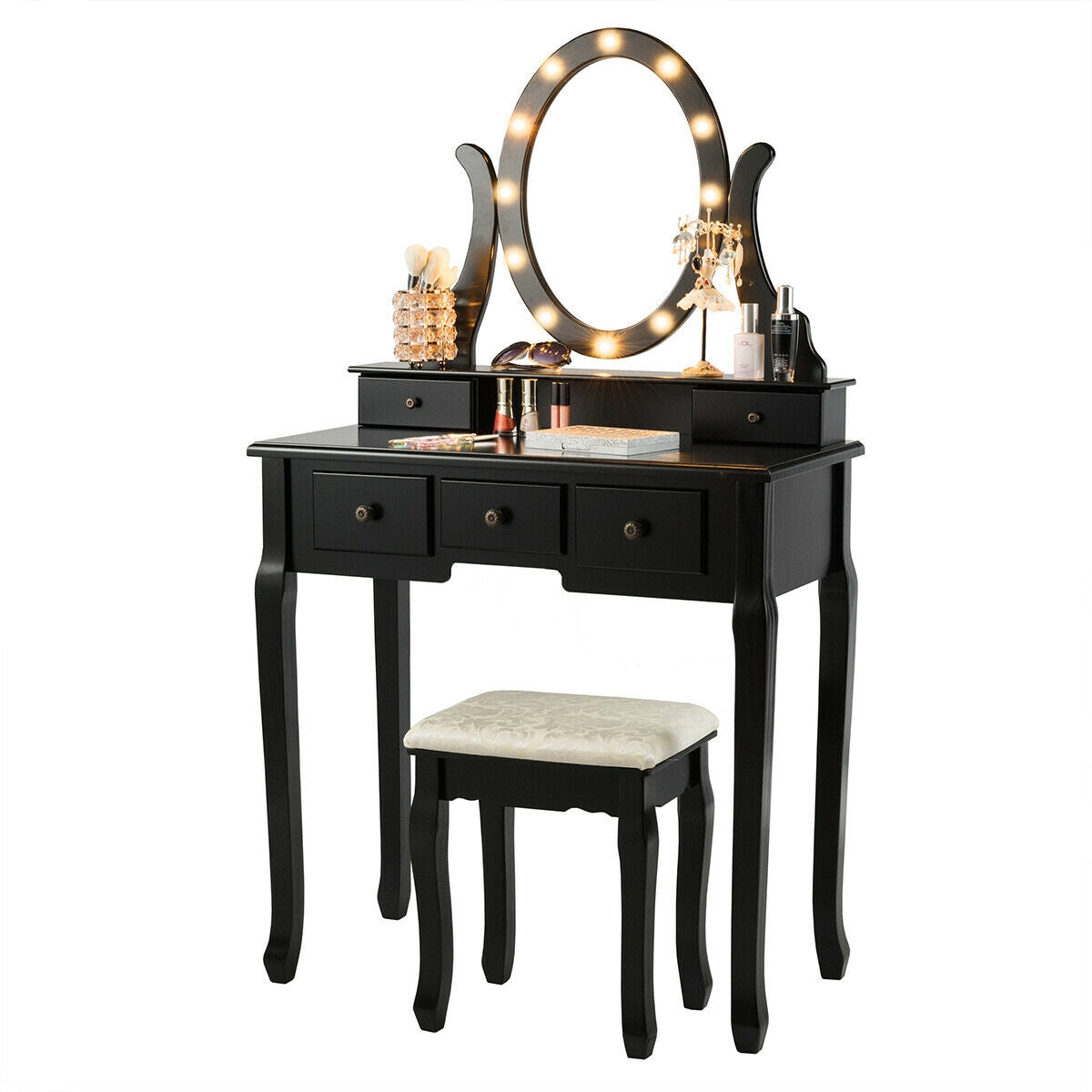 5 Drawers Vanity Table Stool Set with 12-LED Bulbs-Black