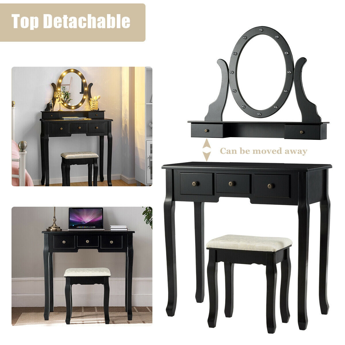 5 Drawers Vanity Table Stool Set with 12-LED Bulbs-Black