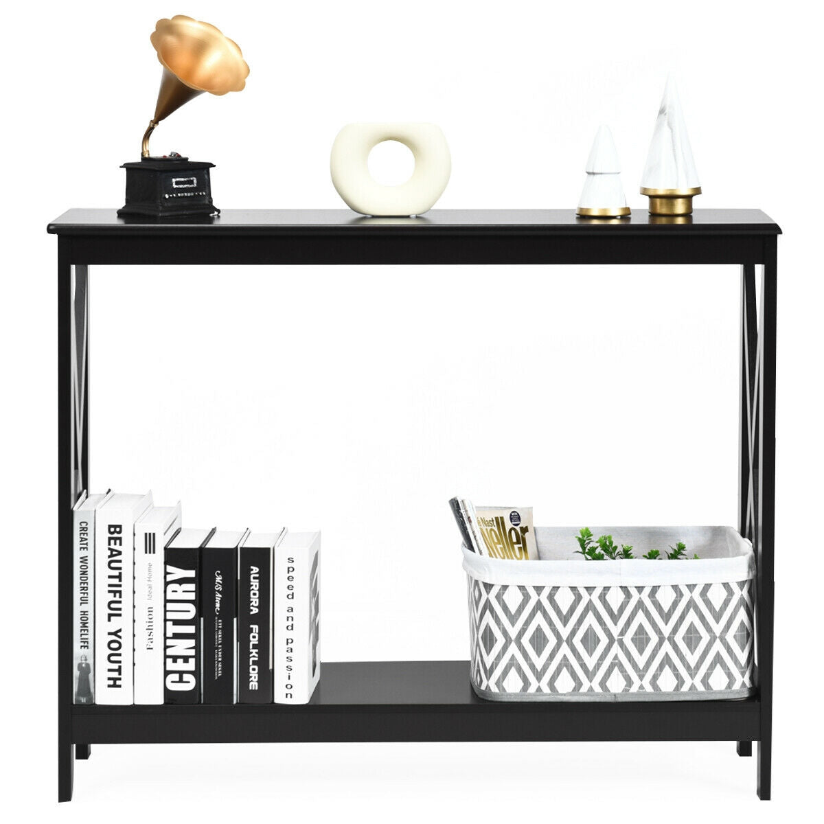 2-Tier Console X-Design Sofa Side Accent Table-Black