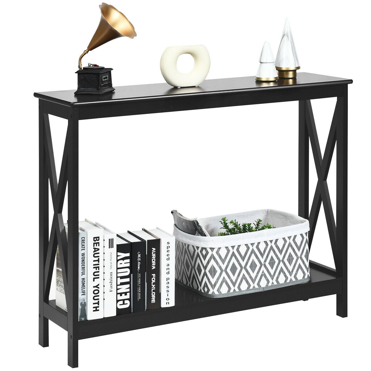 2-Tier Console X-Design Sofa Side Accent Table-Black