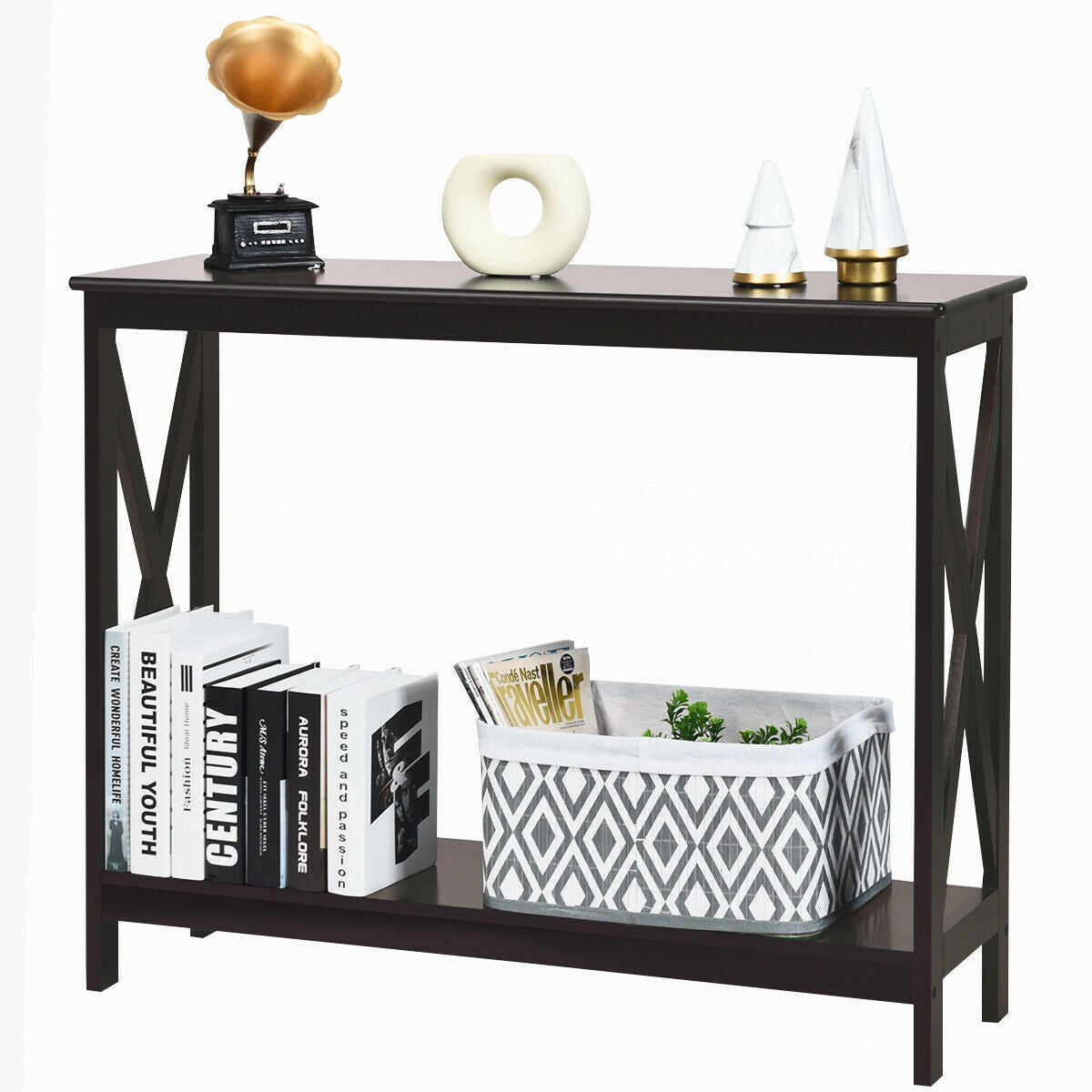 2-Tier Console X-Design Sofa Side Accent Table-Dark BrownÂ 