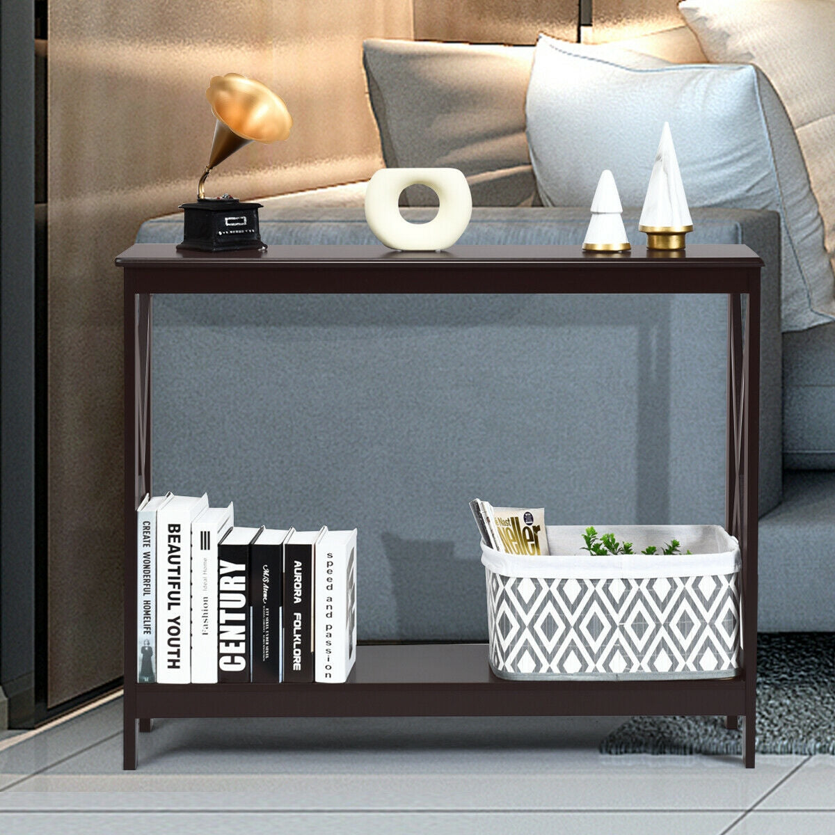 2-Tier Console X-Design Sofa Side Accent Table-Dark Brown