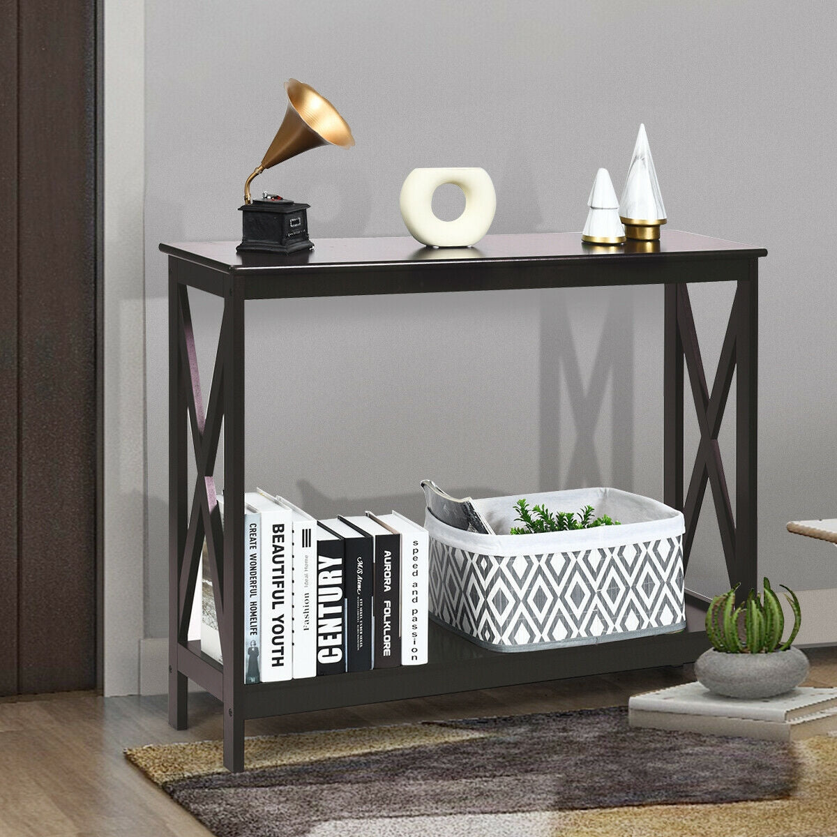 2-Tier Console X-Design Sofa Side Accent Table-Dark BrownÂ 