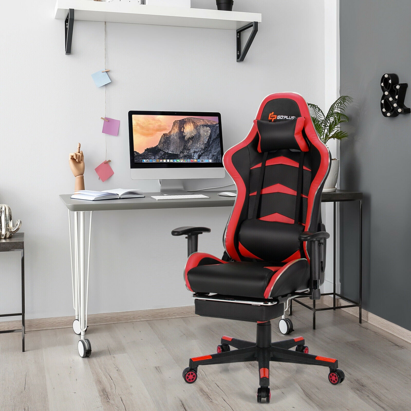 Massage LED Gaming Chair with Lumbar Support and Footrest-RedÂ 