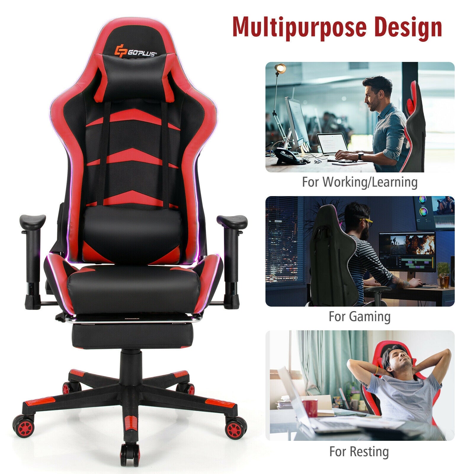 Massage LED Gaming Chair with Lumbar Support and Footrest-RedÂ 