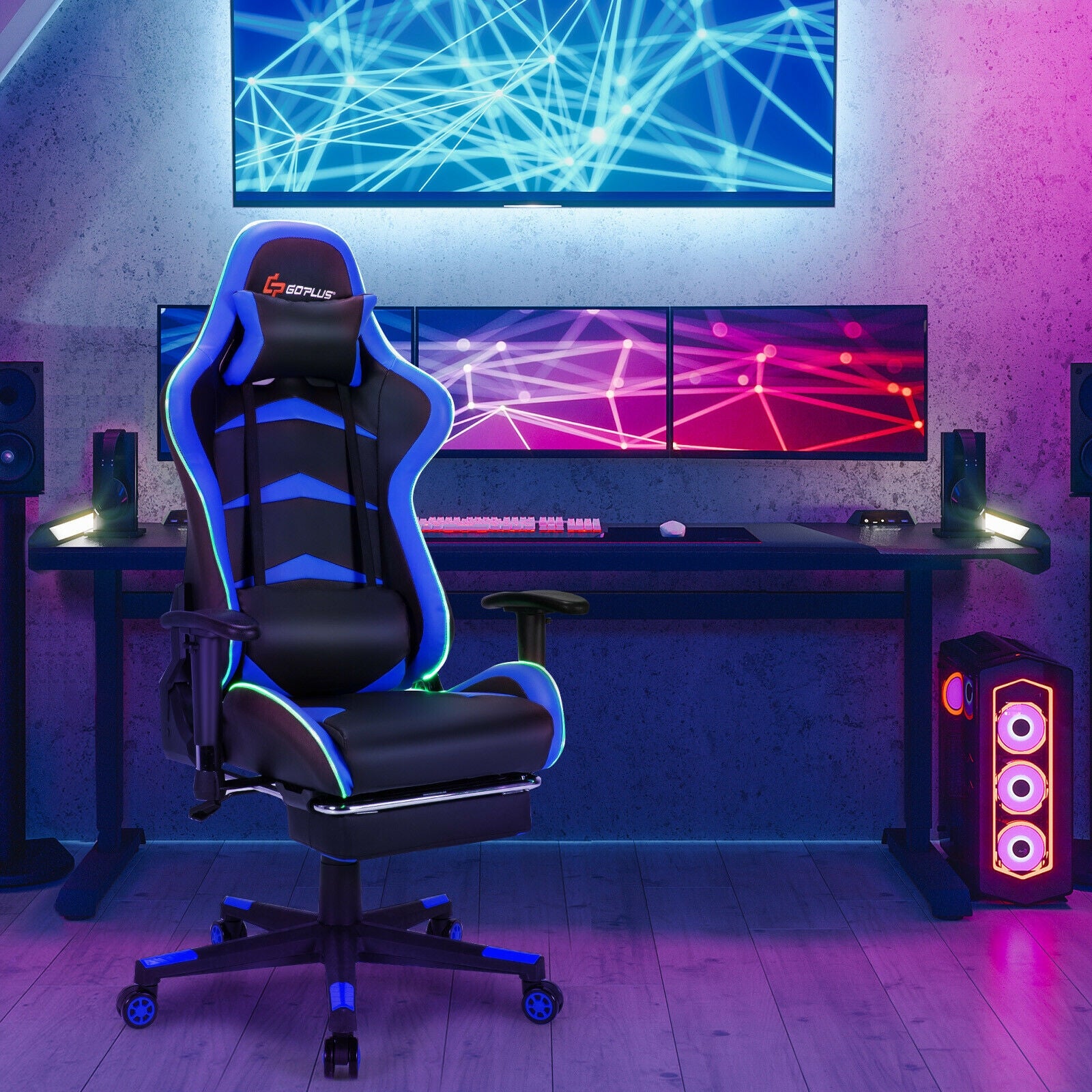 Massage LED Gaming Chair with Lumbar Support and Footrest-Blue