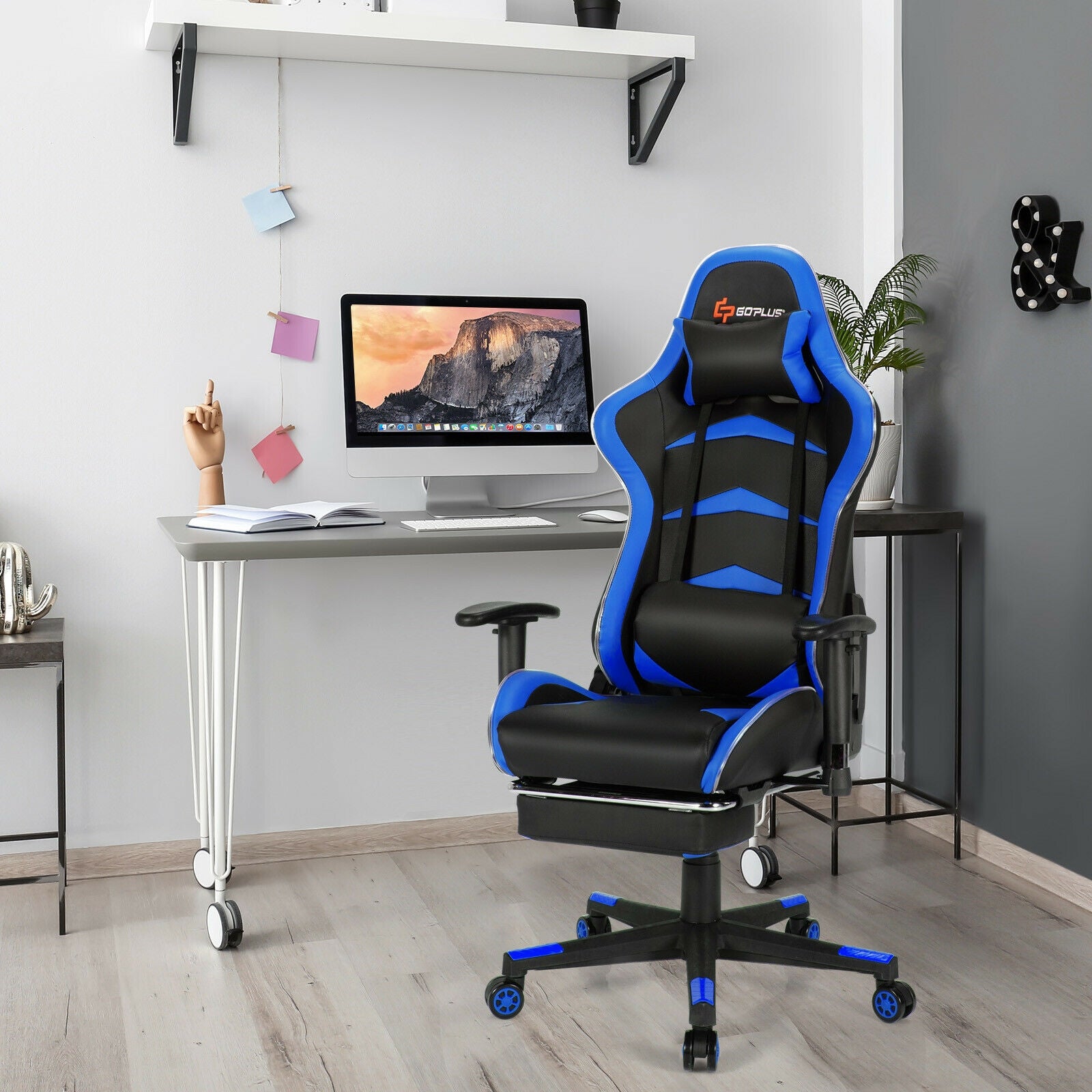 Massage LED Gaming Chair with Lumbar Support and Footrest-Blue