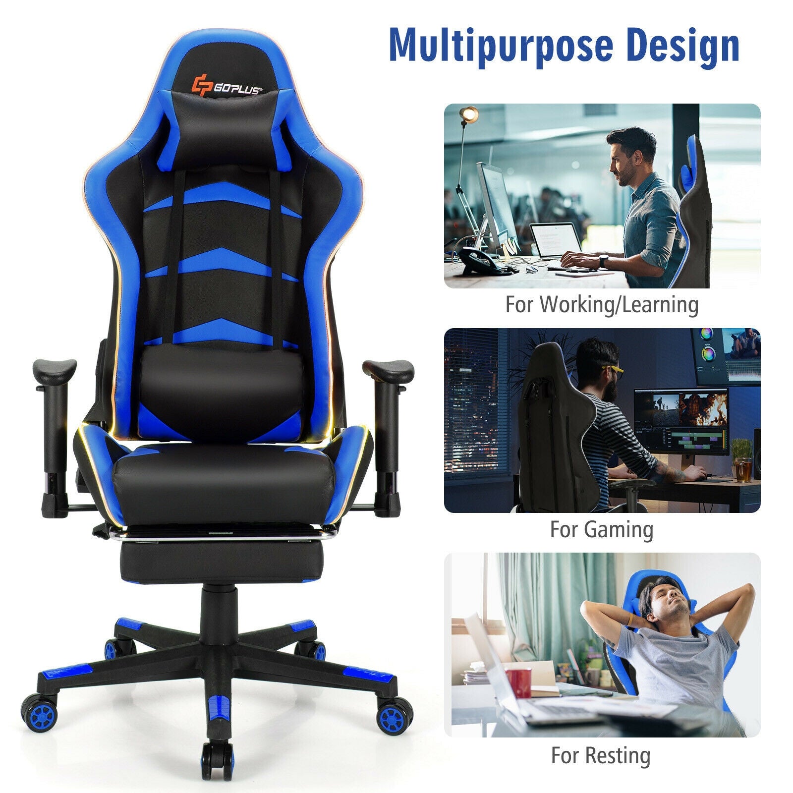 Massage LED Gaming Chair with Lumbar Support and Footrest-Blue