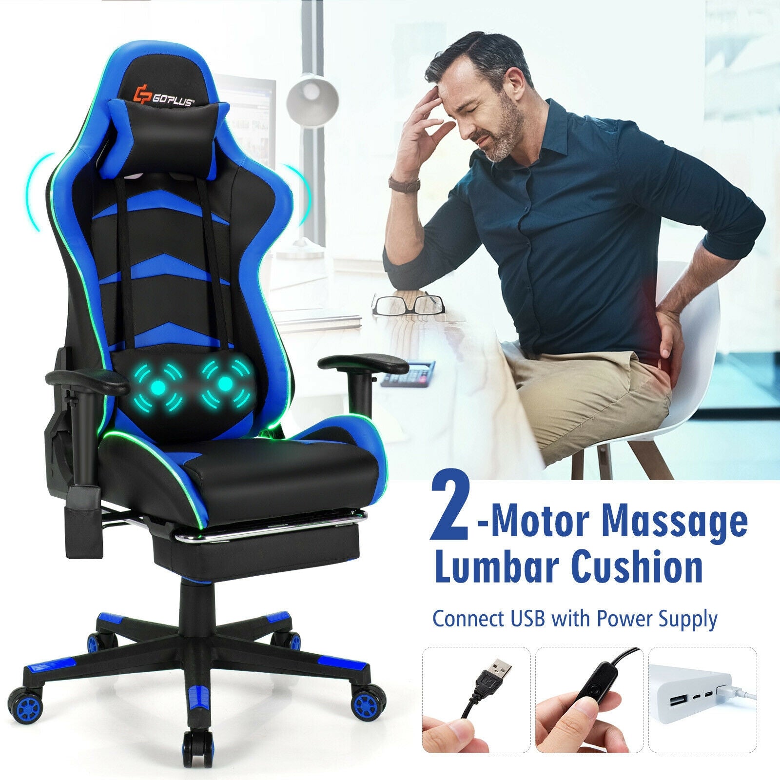 Massage LED Gaming Chair with Lumbar Support and Footrest-Blue