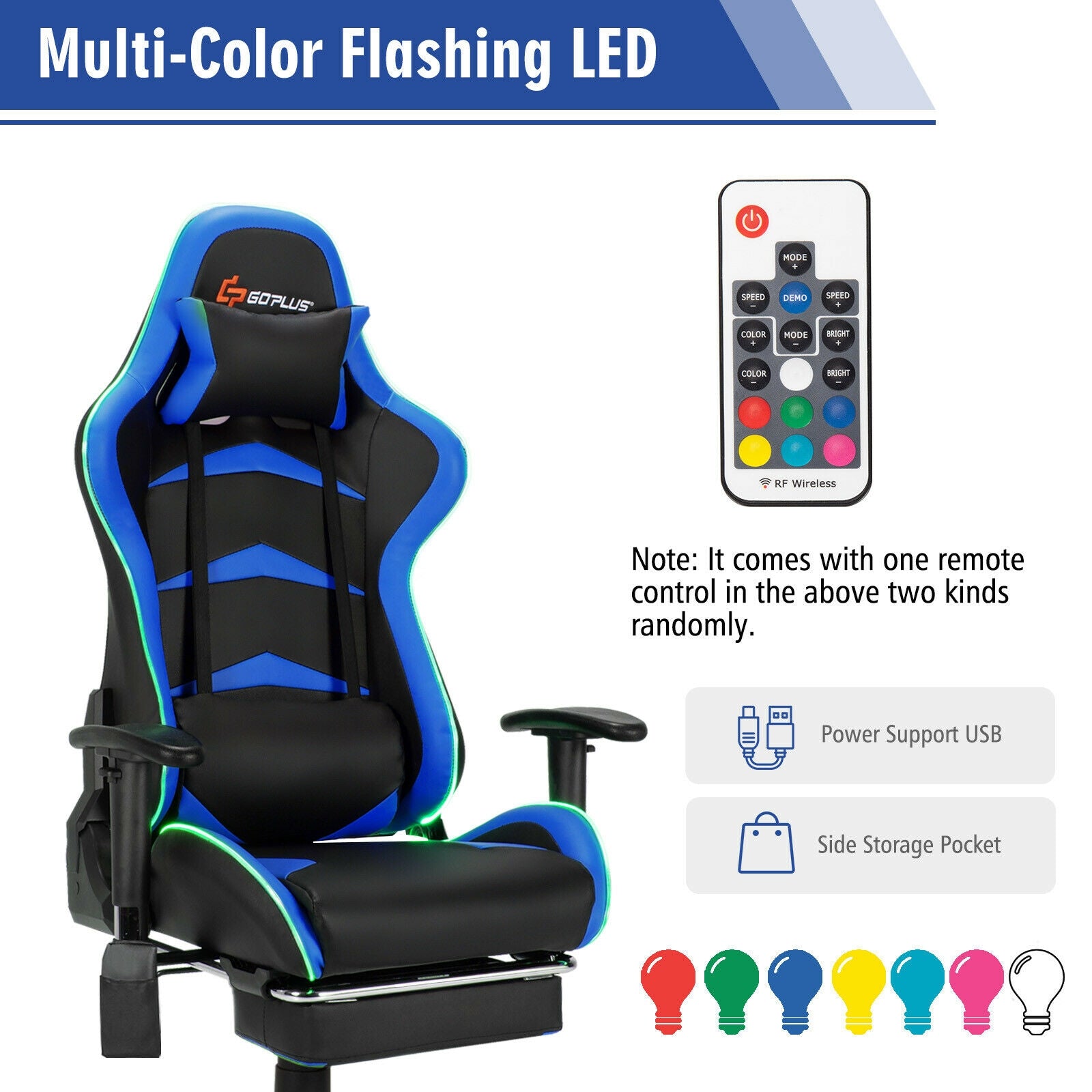 Massage LED Gaming Chair with Lumbar Support and Footrest-Blue