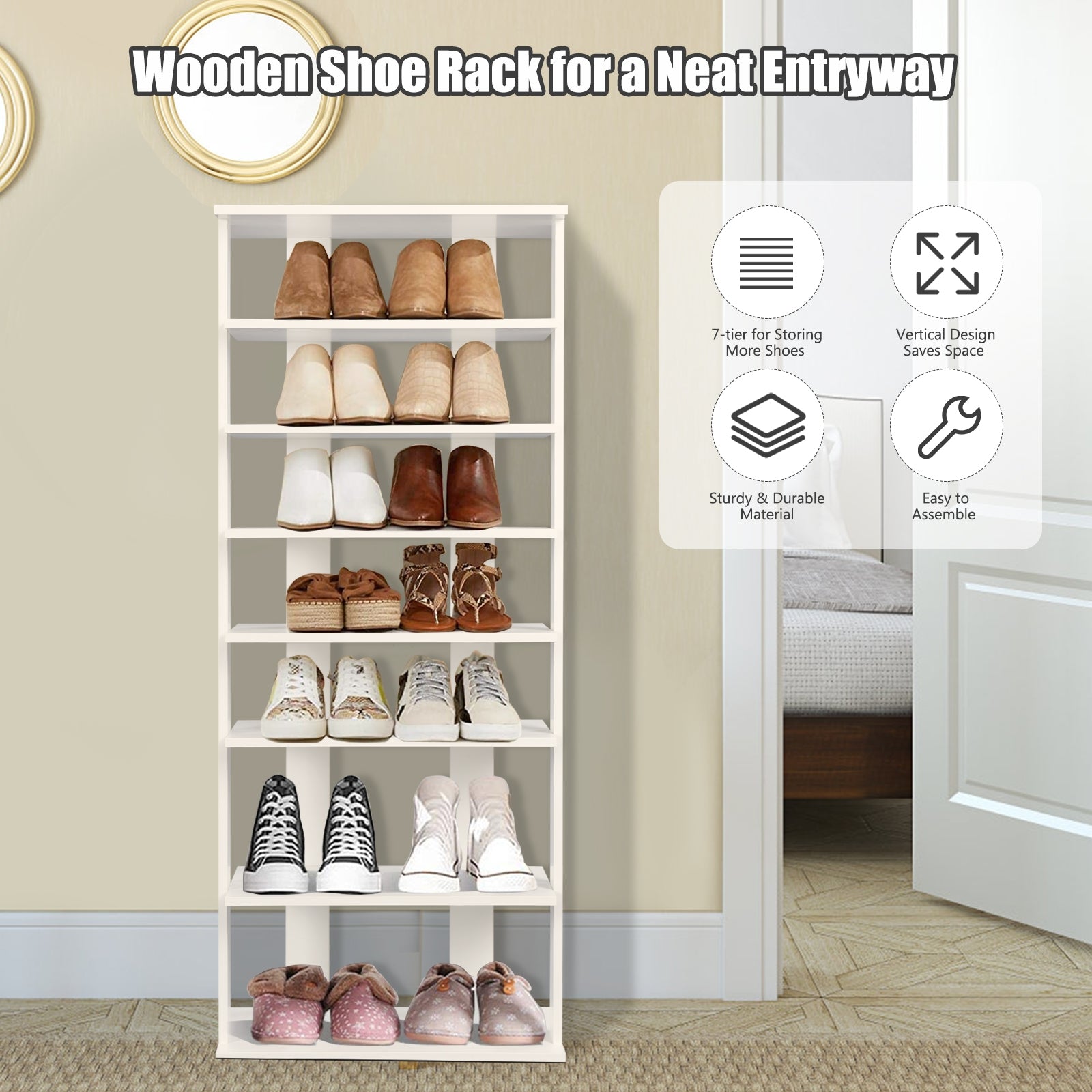 7-Tier Dual 14 Pair Shoe Rack Free Standing Concise Shelves Storage