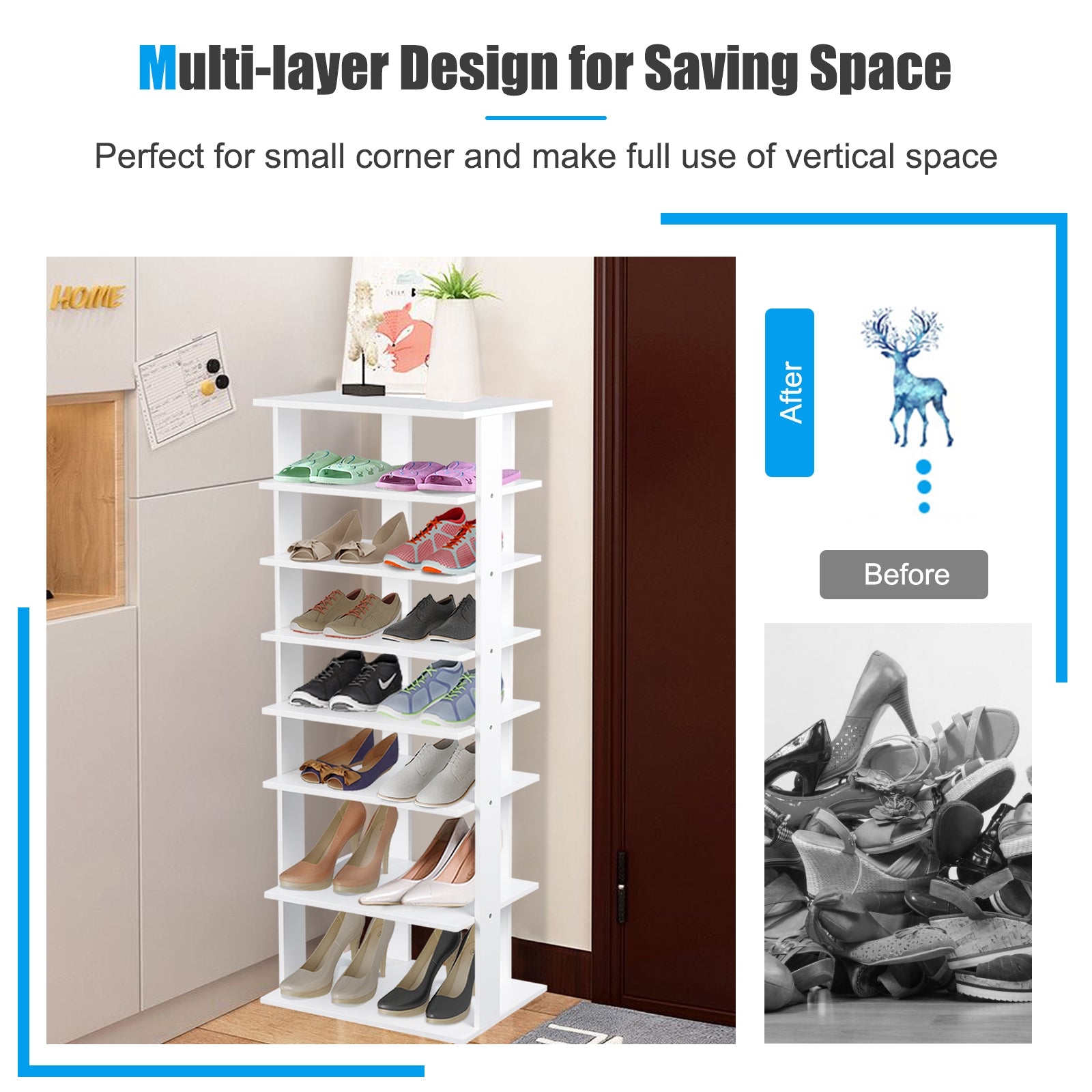 7-Tier Dual 14 Pair Shoe Rack Free Standing Concise Shelves Storage