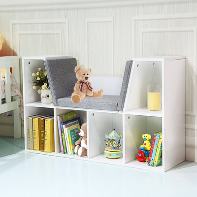 6-Cubby Kid Storage Bookcase Cushioned Reading Nook-WhiteÂ 