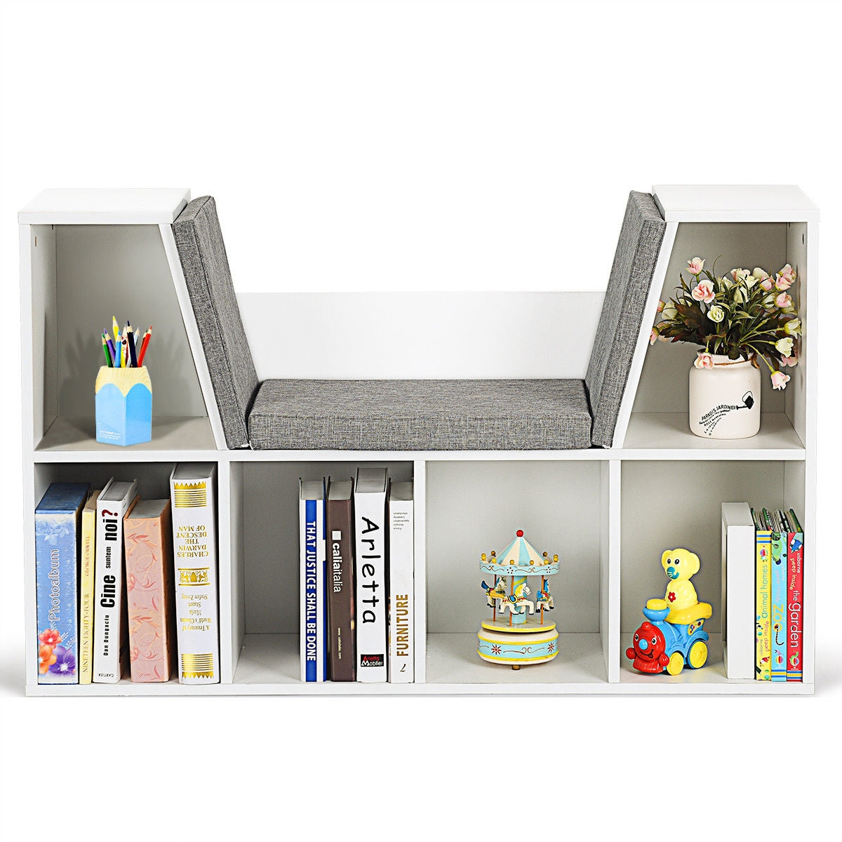 6-Cubby Kid Storage Bookcase Cushioned Reading Nook-White