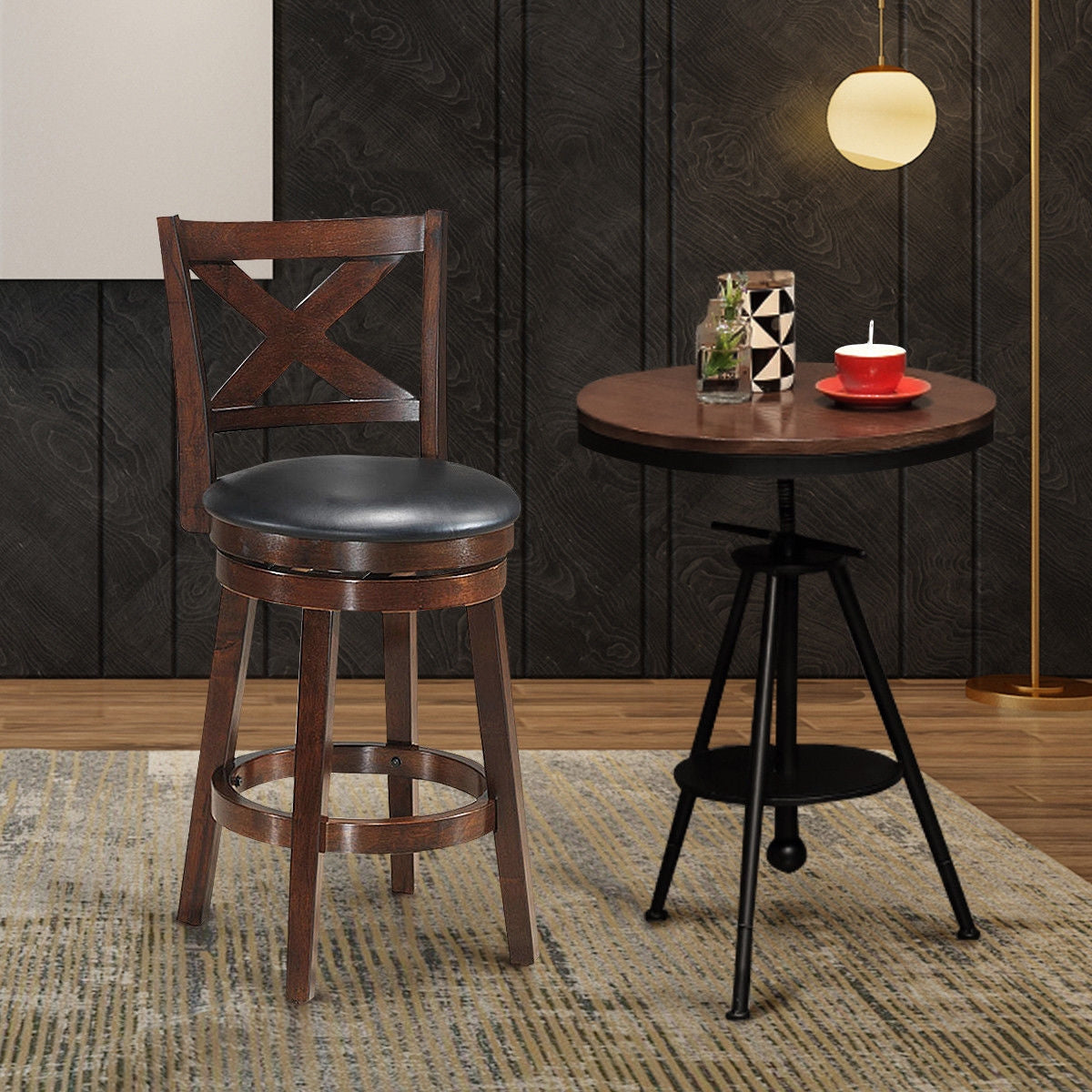 Swivel X-back Upholstered Counter Height Bar Stool with PVC Cushioned Seat-24 Inch