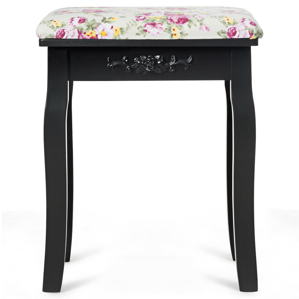 Vanity Wood Dressing Stool Padded Piano Seat with Rose Cushion-Black