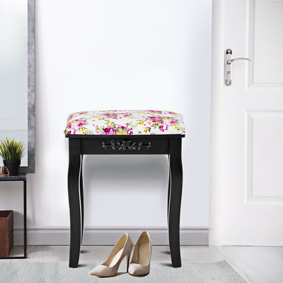 Vanity Wood Dressing Stool Padded Piano Seat with Rose Cushion-BlackÂ 