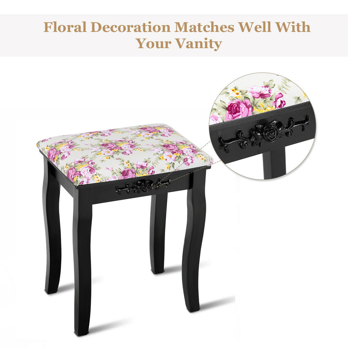 Vanity Wood Dressing Stool Padded Piano Seat with Rose Cushion-Black