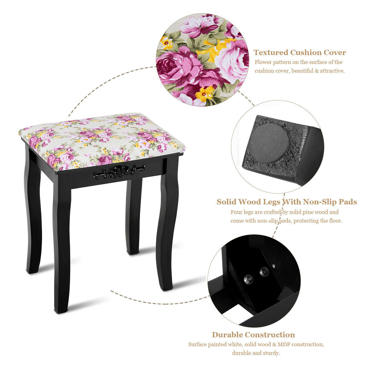 Vanity Wood Dressing Stool Padded Piano Seat with Rose Cushion-Black